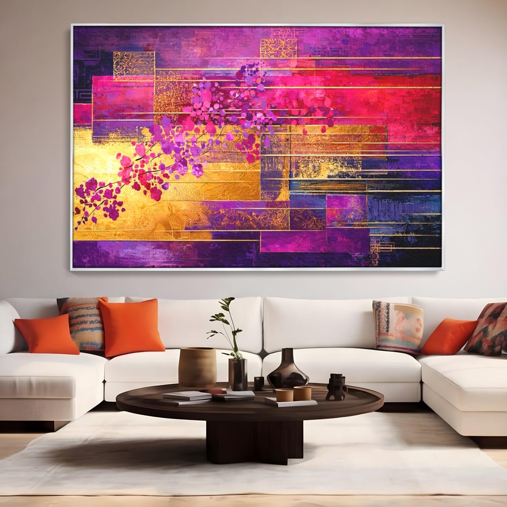 Leinwand Premium Canvas Wall Art, LuxCanva® C1275, Garten zwischen den Linien, Geometrie, Lila, Rosa, Abstrakt, Abstrakt, Magenta, Linien, Textur, Harmonie, Geheimnis, Licht, Eleganz, Lila, Gold, Büro, Wohnzimmer, Schlafzimmer