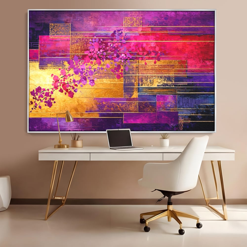 Leinwand Premium Canvas Wall Art, LuxCanva® C1275, Garten zwischen den Linien, Geometrie, Lila, Rosa, Abstrakt, Abstrakt, Magenta, Linien, Textur, Harmonie, Geheimnis, Licht, Eleganz, Lila, Gold, Büro, Wohnzimmer, Schlafzimmer