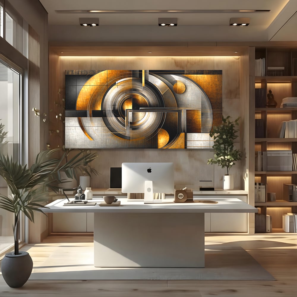 Leinwandbilder Premium, LuxCanva® C1276, Denkende Formen, Geometrie, Gold, Abstrakt, Linien, Textur, Monumental, Schwerkraft, Universum, Sonne, Heilig, Modern, Ausstellung, Büro, Wohnzimmer, Schlafzimmer