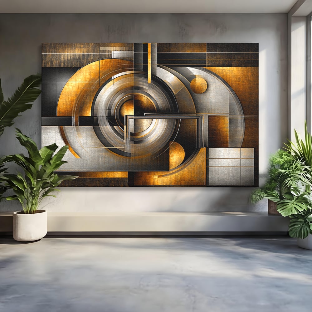Leinwandbilder Premium, LuxCanva® C1276, Denkende Formen, Geometrie, Gold, Abstrakt, Linien, Textur, Monumental, Schwerkraft, Universum, Sonne, Heilig, Modern, Ausstellung, Büro, Wohnzimmer, Schlafzimmer