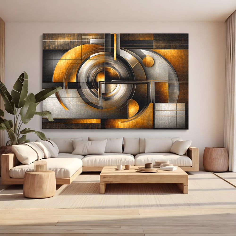Leinwandbilder Premium, LuxCanva® C1276, Denkende Formen, Geometrie, Gold, Abstrakt, Linien, Textur, Monumental, Schwerkraft, Universum, Sonne, Heilig, Modern, Ausstellung, Büro, Wohnzimmer, Schlafzimmer