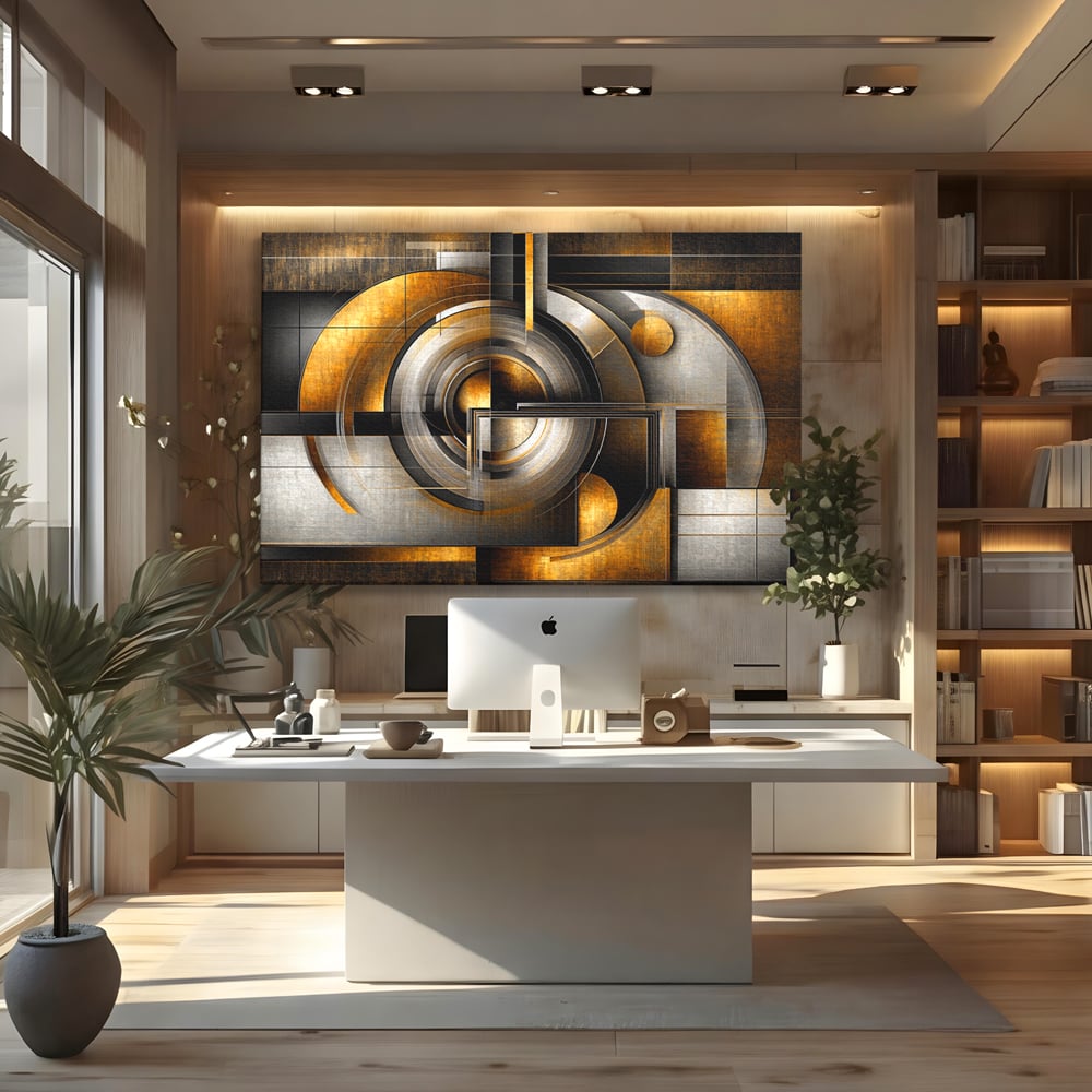 Leinwandbilder Premium, LuxCanva® C1276, Denkende Formen, Geometrie, Gold, Abstrakt, Linien, Textur, Monumental, Schwerkraft, Universum, Sonne, Heilig, Modern, Ausstellung, Büro, Wohnzimmer, Schlafzimmer