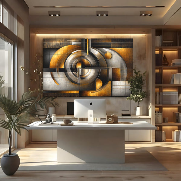 Leinwandbilder Premium, LuxCanva® C1276, Denkende Formen, Geometrie, Gold, Abstrakt, Linien, Textur, Monumental, Schwerkraft, Universum, Sonne, Heilig, Modern, Ausstellung, Büro, Wohnzimmer, Schlafzimmer