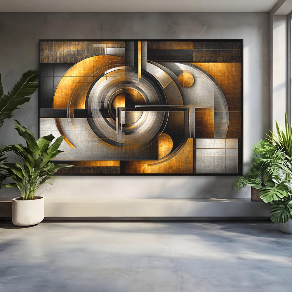 Leinwandbilder Premium, LuxCanva® C1276, Denkende Formen, Geometrie, Gold, Abstrakt, Linien, Textur, Monumental, Schwerkraft, Universum, Sonne, Heilig, Modern, Ausstellung, Büro, Wohnzimmer, Schlafzimmer