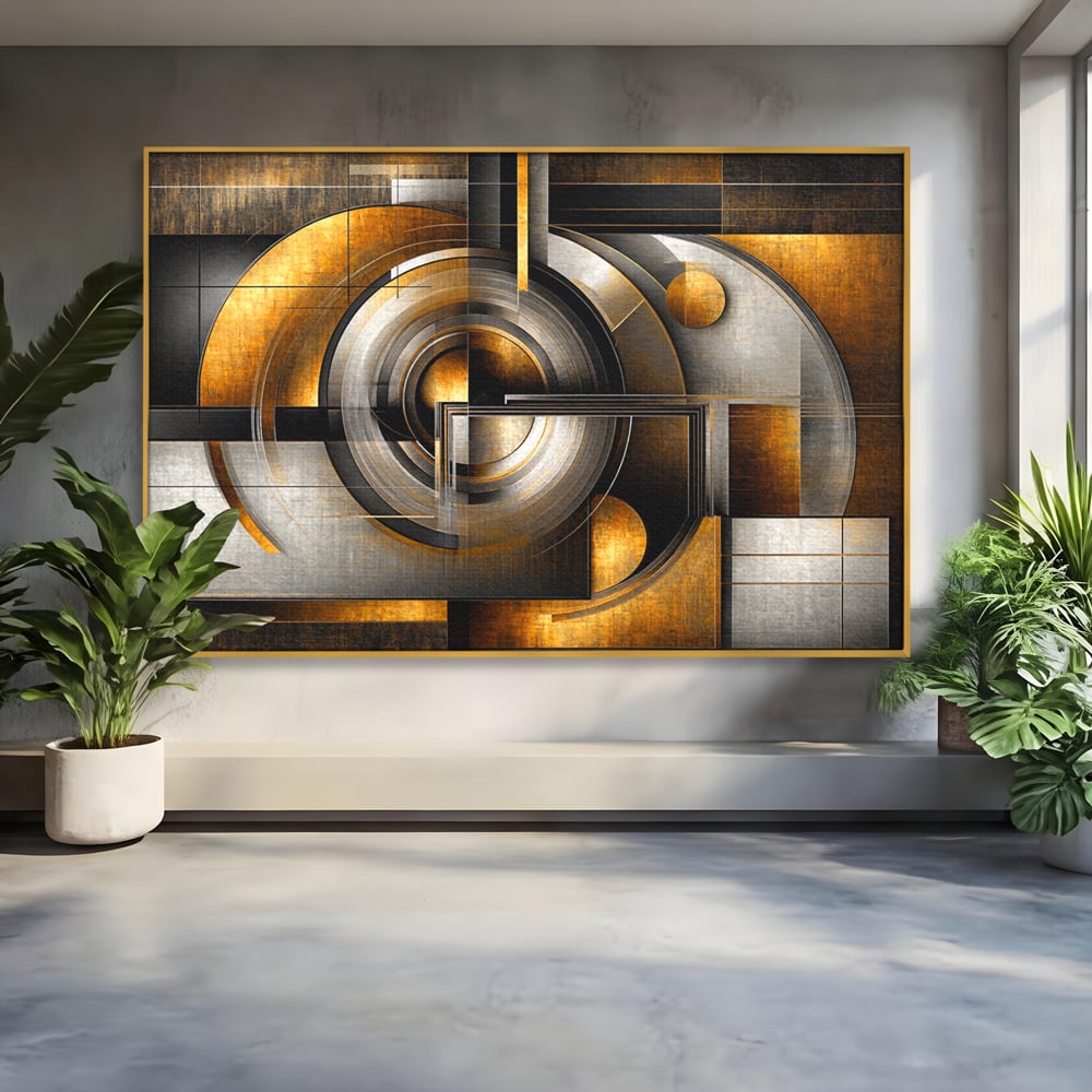 Leinwandbilder Premium, LuxCanva® C1276, Denkende Formen, Geometrie, Gold, Abstrakt, Linien, Textur, Monumental, Schwerkraft, Universum, Sonne, Heilig, Modern, Ausstellung, Büro, Wohnzimmer, Schlafzimmer