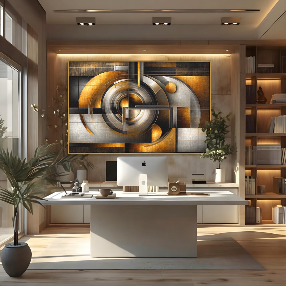 Leinwandbilder Premium, LuxCanva® C1276, Denkende Formen, Geometrie, Gold, Abstrakt, Linien, Textur, Monumental, Schwerkraft, Universum, Sonne, Heilig, Modern, Ausstellung, Büro, Wohnzimmer, Schlafzimmer