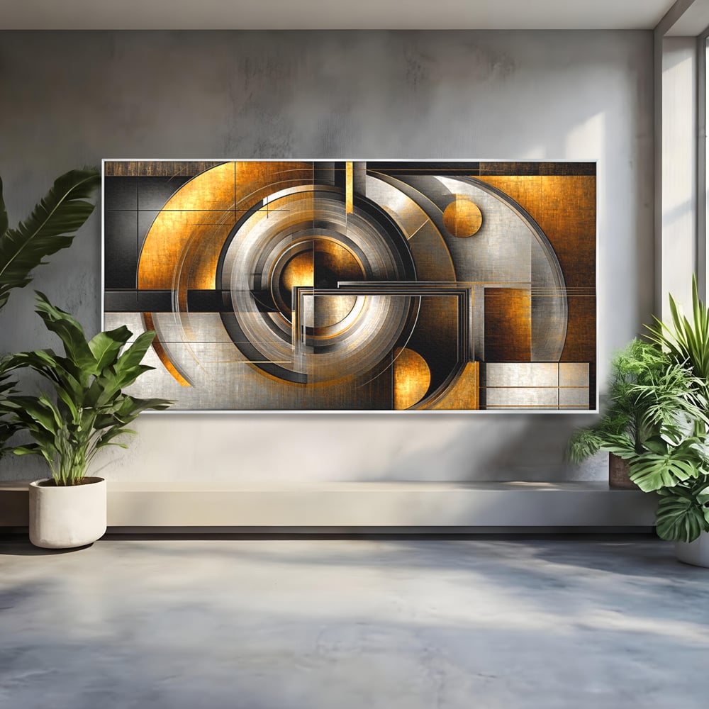 Leinwandbilder Premium, LuxCanva® C1276, Denkende Formen, Geometrie, Gold, Abstrakt, Linien, Textur, Monumental, Schwerkraft, Universum, Sonne, Heilig, Modern, Ausstellung, Büro, Wohnzimmer, Schlafzimmer