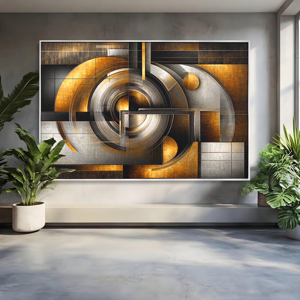 Leinwandbilder Premium, LuxCanva® C1276, Denkende Formen, Geometrie, Gold, Abstrakt, Linien, Textur, Monumental, Schwerkraft, Universum, Sonne, Heilig, Modern, Ausstellung, Büro, Wohnzimmer, Schlafzimmer
