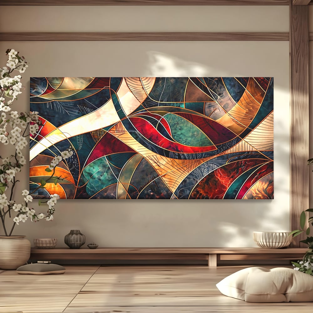 Tablou Canvas Premium, LuxCanva® C1277, Intre nervuri de foc, Geometrie, Auriu, Rosu, Abstract, Linii, Profunzime, Simetrie, Circular, Spatiu, Forma, Templu, Expozitie, Birou, Living, Dormitor