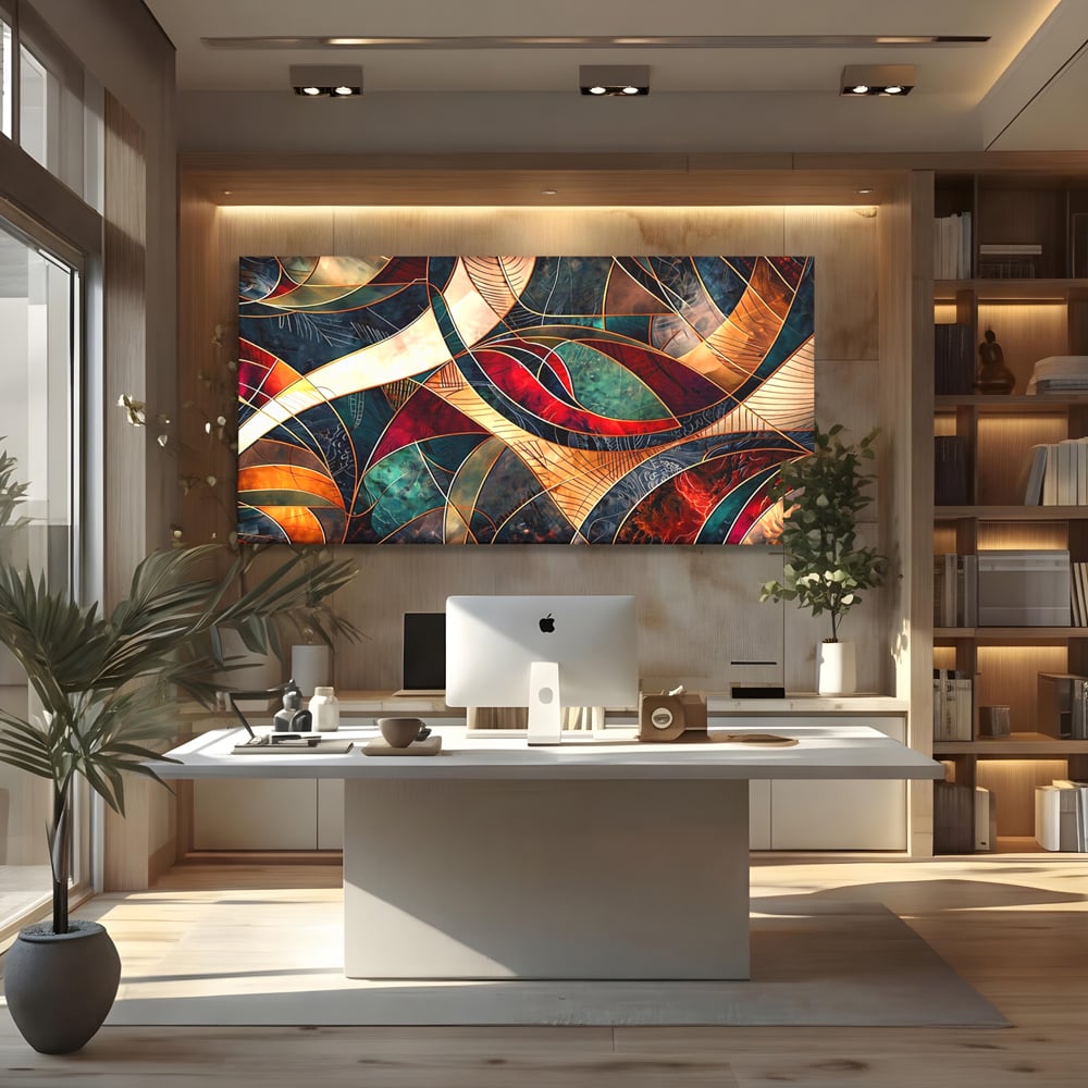 Tablou Canvas Premium, LuxCanva® C1277, Intre nervuri de foc, Geometrie, Auriu, Rosu, Abstract, Linii, Profunzime, Simetrie, Circular, Spatiu, Forma, Templu, Expozitie, Birou, Living, Dormitor