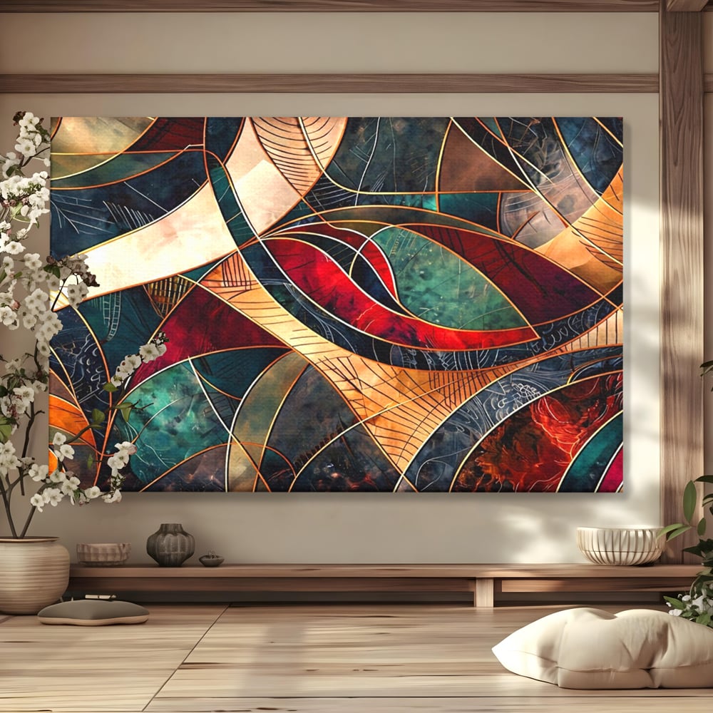 Tablou Canvas Premium, LuxCanva® C1277, Intre nervuri de foc, Geometrie, Auriu, Rosu, Abstract, Linii, Profunzime, Simetrie, Circular, Spatiu, Forma, Templu, Expozitie, Birou, Living, Dormitor