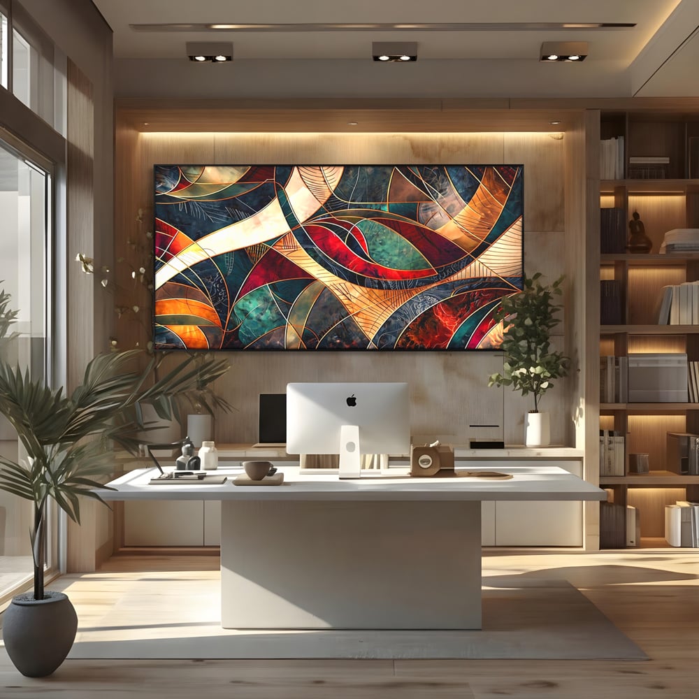 Tablou Canvas Premium, LuxCanva® C1277, Intre nervuri de foc, Geometrie, Auriu, Rosu, Abstract, Linii, Profunzime, Simetrie, Circular, Spatiu, Forma, Templu, Expozitie, Birou, Living, Dormitor
