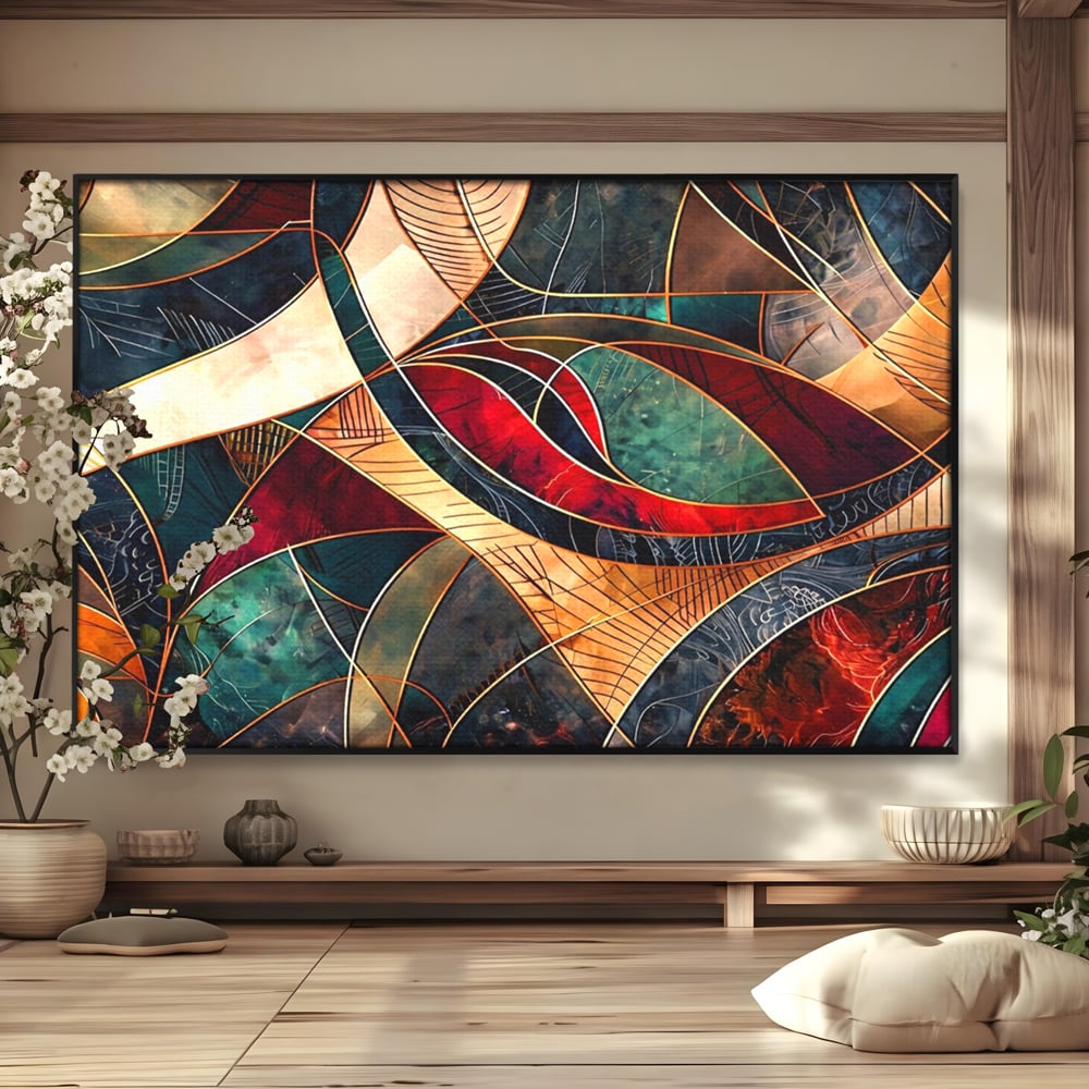 Tablou Canvas Premium, LuxCanva® C1277, Intre nervuri de foc, Geometrie, Auriu, Rosu, Abstract, Linii, Profunzime, Simetrie, Circular, Spatiu, Forma, Templu, Expozitie, Birou, Living, Dormitor
