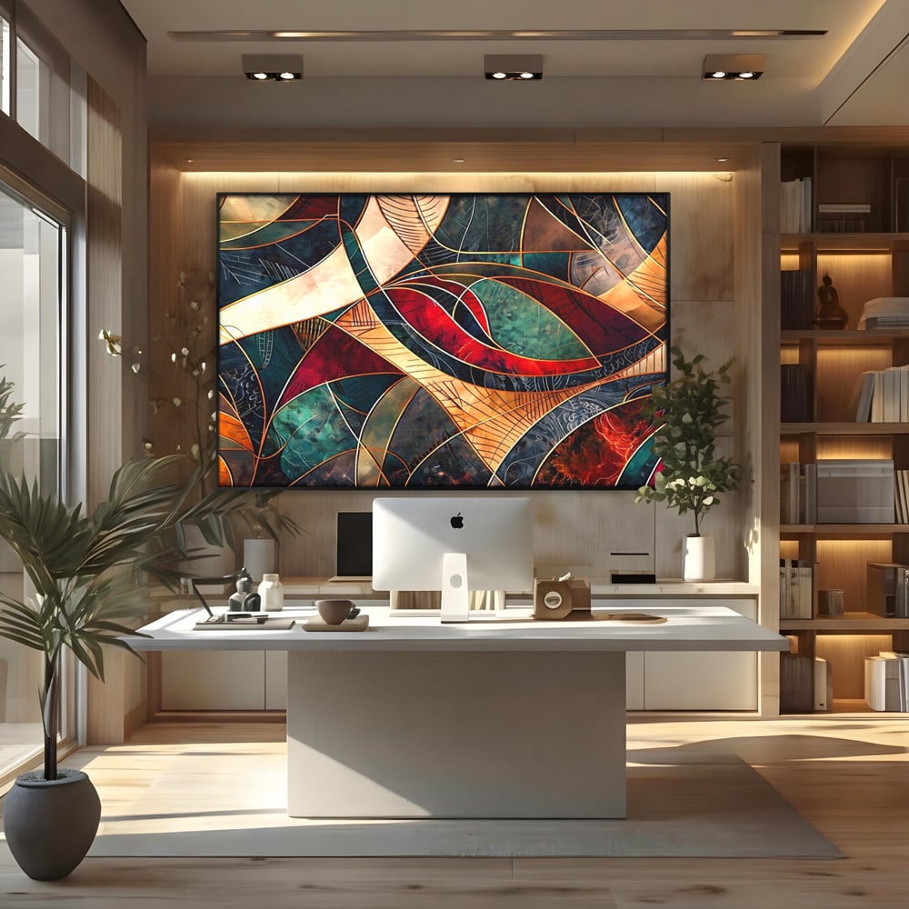 Tablou Canvas Premium, LuxCanva® C1277, Intre nervuri de foc, Geometrie, Auriu, Rosu, Abstract, Linii, Profunzime, Simetrie, Circular, Spatiu, Forma, Templu, Expozitie, Birou, Living, Dormitor