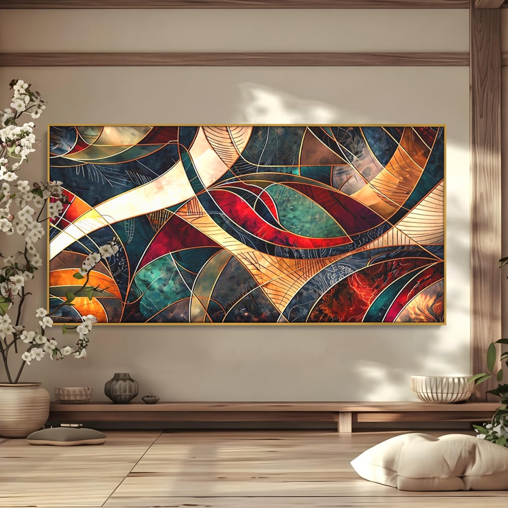 Tablou Canvas Premium, LuxCanva® C1277, Intre nervuri de foc, Geometrie, Auriu, Rosu, Abstract, Linii, Profunzime, Simetrie, Circular, Spatiu, Forma, Templu, Expozitie, Birou, Living, Dormitor