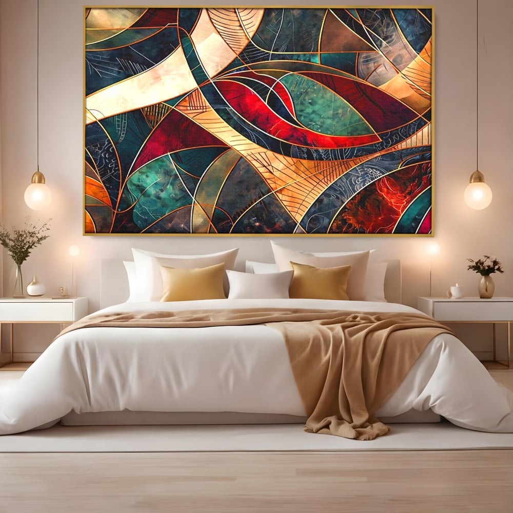 Tablou Canvas Premium, LuxCanva® C1277, Intre nervuri de foc, Geometrie, Auriu, Rosu, Abstract, Linii, Profunzime, Simetrie, Circular, Spatiu, Forma, Templu, Expozitie, Birou, Living, Dormitor