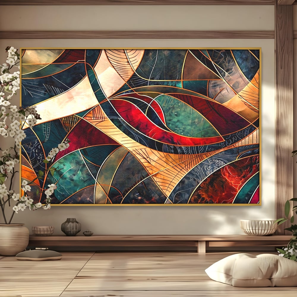 Tablou Canvas Premium, LuxCanva® C1277, Intre nervuri de foc, Geometrie, Auriu, Rosu, Abstract, Linii, Profunzime, Simetrie, Circular, Spatiu, Forma, Templu, Expozitie, Birou, Living, Dormitor