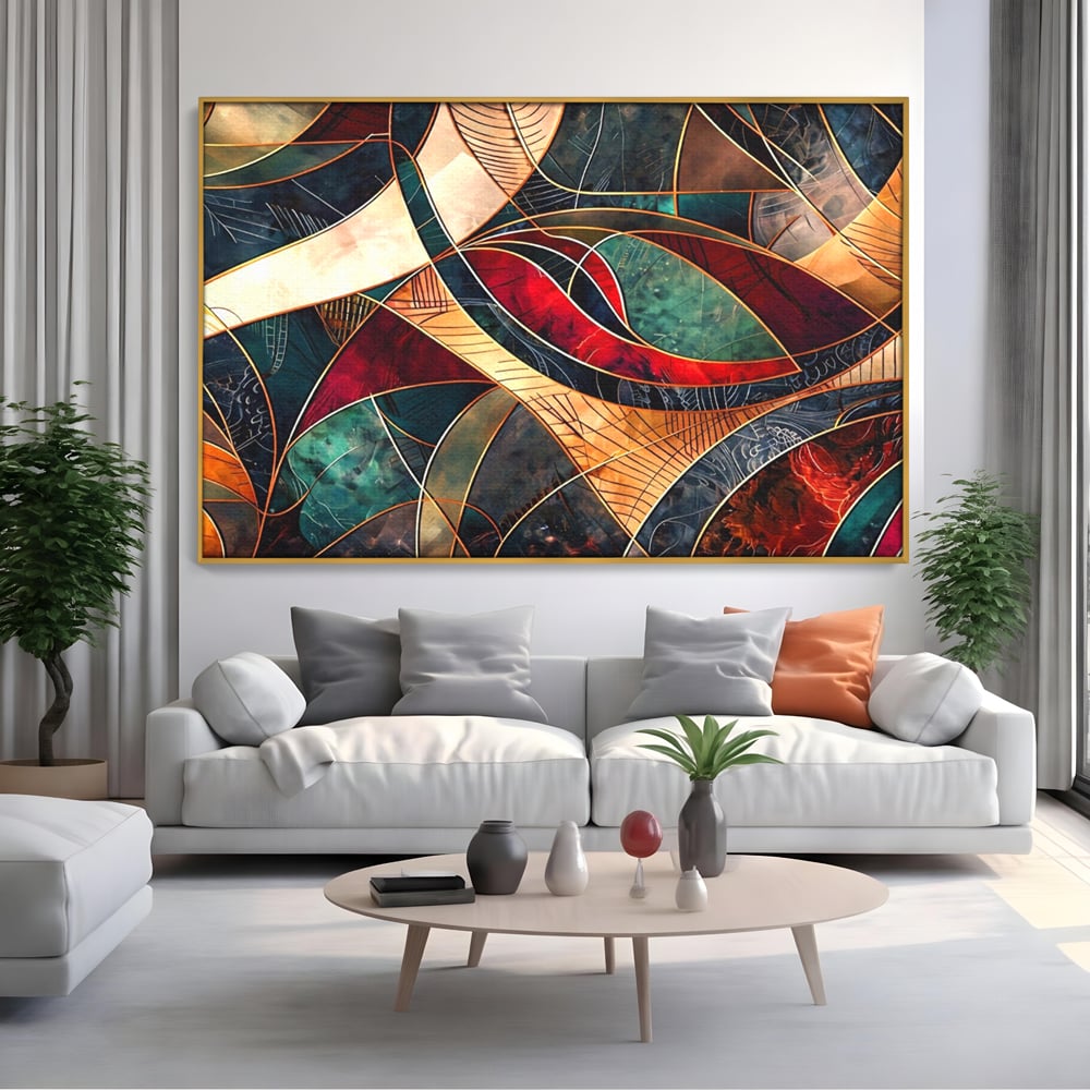 Tablou Canvas Premium, LuxCanva® C1277, Intre nervuri de foc, Geometrie, Auriu, Rosu, Abstract, Linii, Profunzime, Simetrie, Circular, Spatiu, Forma, Templu, Expozitie, Birou, Living, Dormitor