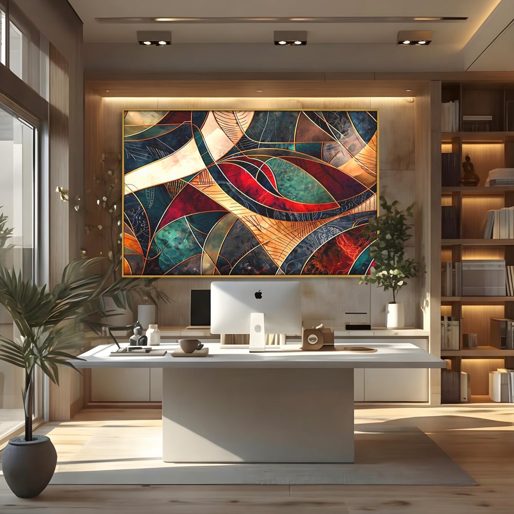 Tablou Canvas Premium, LuxCanva® C1277, Intre nervuri de foc, Geometrie, Auriu, Rosu, Abstract, Linii, Profunzime, Simetrie, Circular, Spatiu, Forma, Templu, Expozitie, Birou, Living, Dormitor