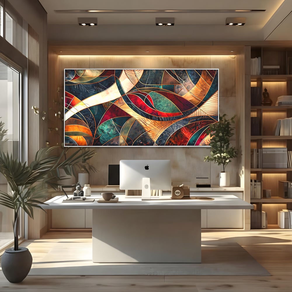 Tablou Canvas Premium, LuxCanva® C1277, Intre nervuri de foc, Geometrie, Auriu, Rosu, Abstract, Linii, Profunzime, Simetrie, Circular, Spatiu, Forma, Templu, Expozitie, Birou, Living, Dormitor