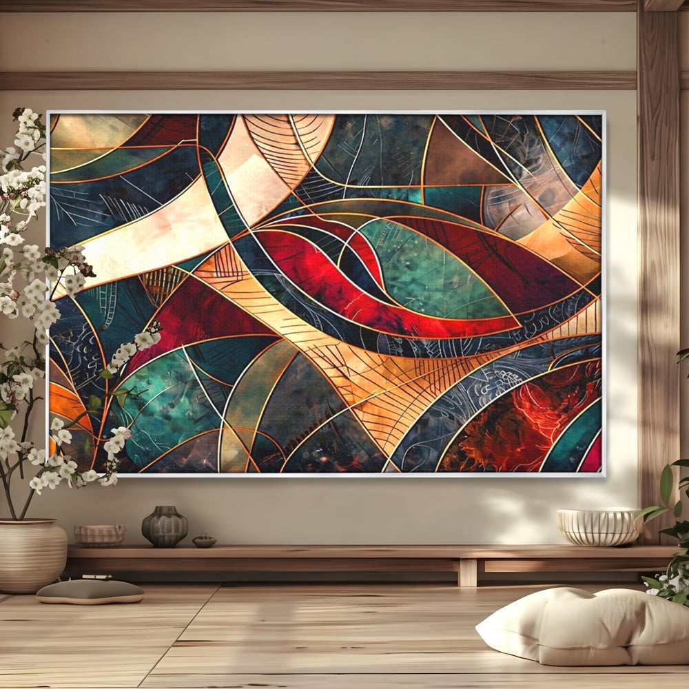 Tablou Canvas Premium, LuxCanva® C1277, Intre nervuri de foc, Geometrie, Auriu, Rosu, Abstract, Linii, Profunzime, Simetrie, Circular, Spatiu, Forma, Templu, Expozitie, Birou, Living, Dormitor