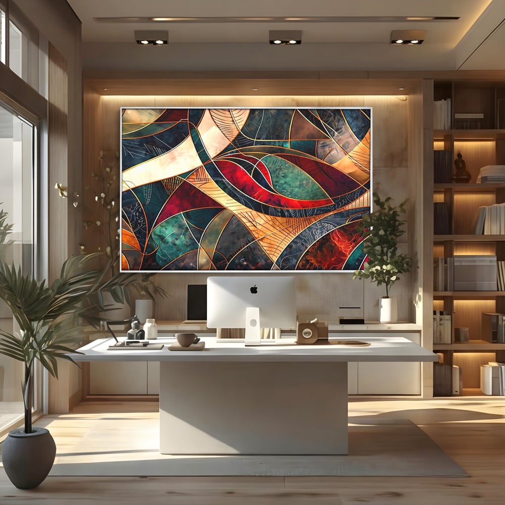 Tablou Canvas Premium, LuxCanva® C1277, Intre nervuri de foc, Geometrie, Auriu, Rosu, Abstract, Linii, Profunzime, Simetrie, Circular, Spatiu, Forma, Templu, Expozitie, Birou, Living, Dormitor