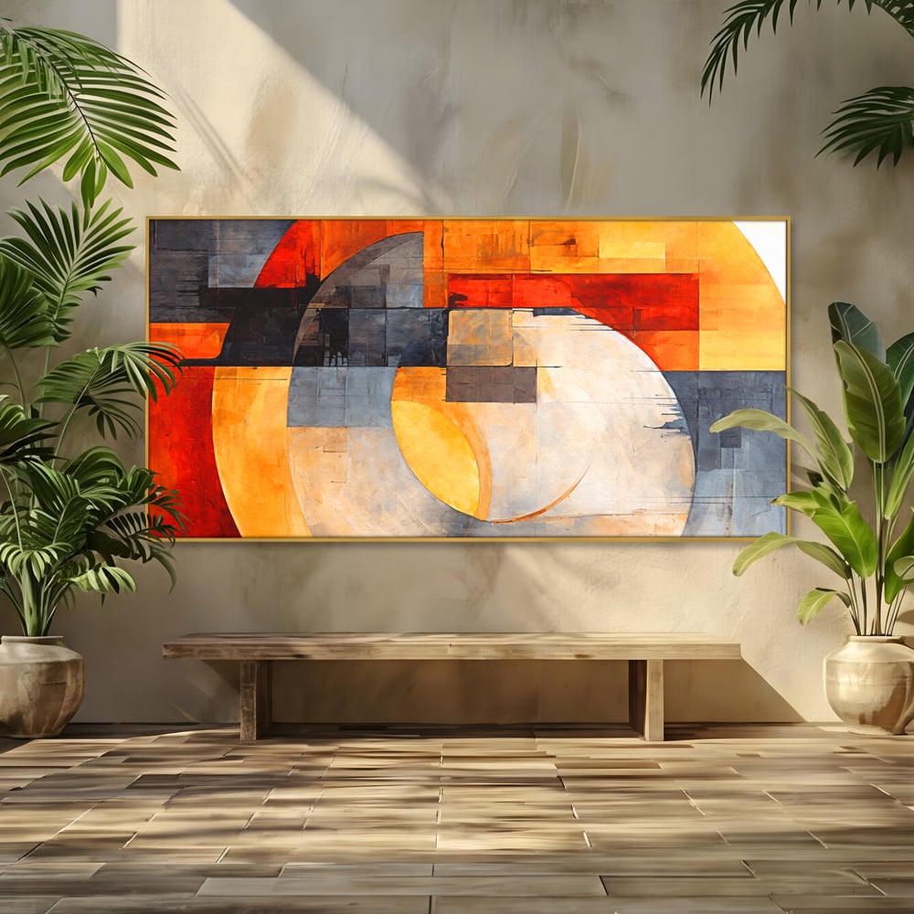 Tablou Canvas Premium, LuxCanva® C1279, Geometrii solare, Geometrie, Culori, Abstract, Ocru, Gri, Auriu, Solar, Arhitectural, Timp, Incandescent, Ardere, Vis, Univers, Birou, Living, Dormitor