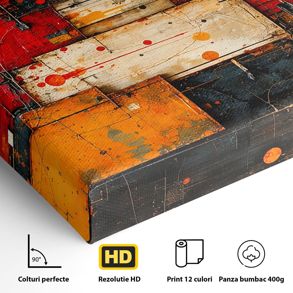 Tablou Canvas Premium, LuxCanva® C1280, Straturi de foc si tacere, Geometrie, Culori, Abstract, Rosu, Ziduri, Foc, Contrast, Urban, Inflacarat, Zgomot, Materie, Arhitectura, Birou, Living, Dormitor