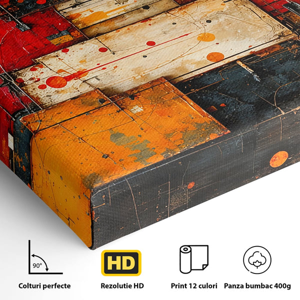 Tablou Canvas Premium, LuxCanva® C1280, Straturi de foc si tacere, Geometrie, Culori, Abstract, Rosu, Ziduri, Foc, Contrast, Urban, Inflacarat, Zgomot, Materie, Arhitectura, Birou, Living, Dormitor