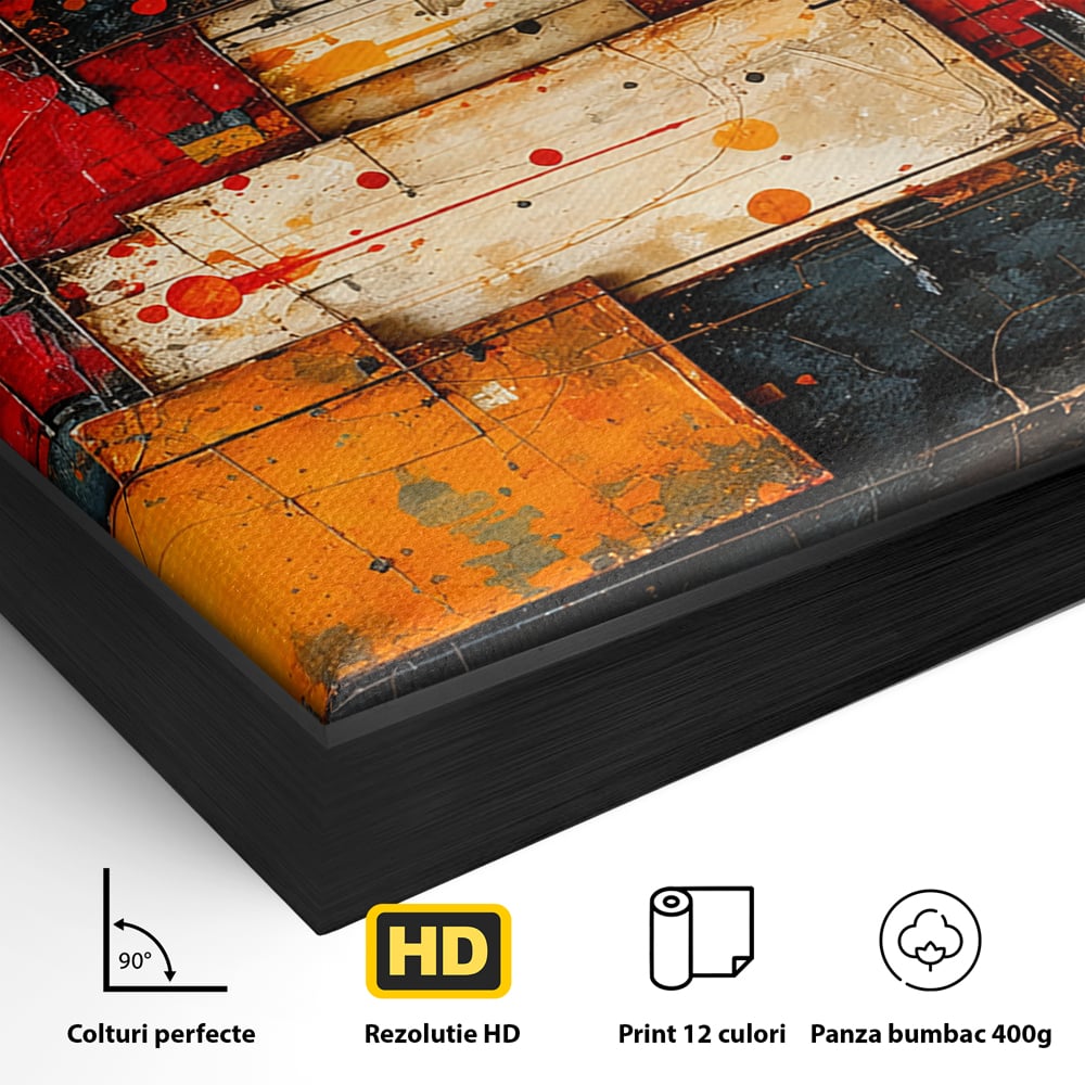 Tablou Canvas Premium, LuxCanva® C1280, Straturi de foc si tacere, Geometrie, Culori, Abstract, Rosu, Ziduri, Foc, Contrast, Urban, Inflacarat, Zgomot, Materie, Arhitectura, Birou, Living, Dormitor