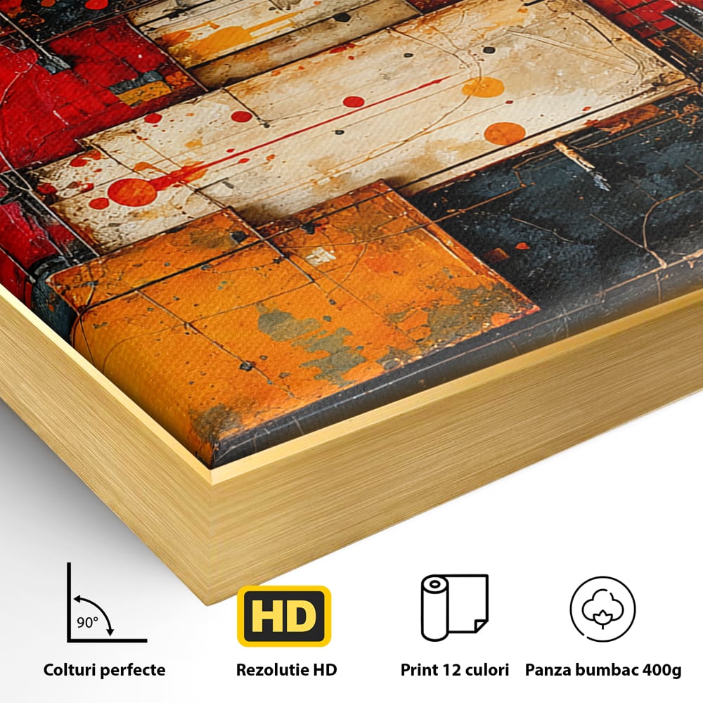 Tablou Canvas Premium, LuxCanva® C1280, Straturi de foc si tacere, Geometrie, Culori, Abstract, Rosu, Ziduri, Foc, Contrast, Urban, Inflacarat, Zgomot, Materie, Arhitectura, Birou, Living, Dormitor