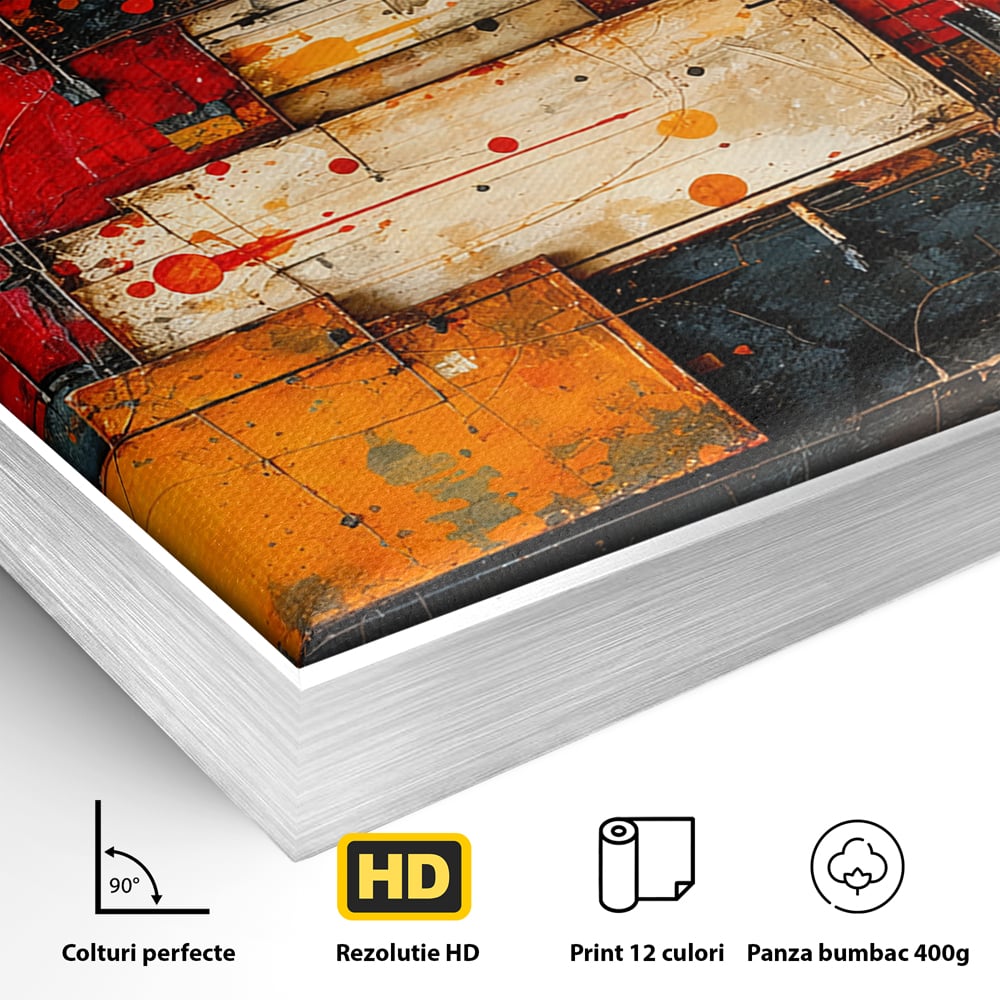 Tablou Canvas Premium, LuxCanva® C1280, Straturi de foc si tacere, Geometrie, Culori, Abstract, Rosu, Ziduri, Foc, Contrast, Urban, Inflacarat, Zgomot, Materie, Arhitectura, Birou, Living, Dormitor