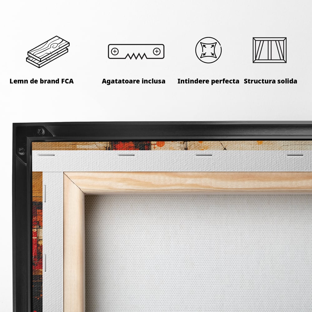 Tablou Canvas Premium, LuxCanva® C1280, Straturi de foc si tacere, Geometrie, Culori, Abstract, Rosu, Ziduri, Foc, Contrast, Urban, Inflacarat, Zgomot, Materie, Arhitectura, Birou, Living, Dormitor