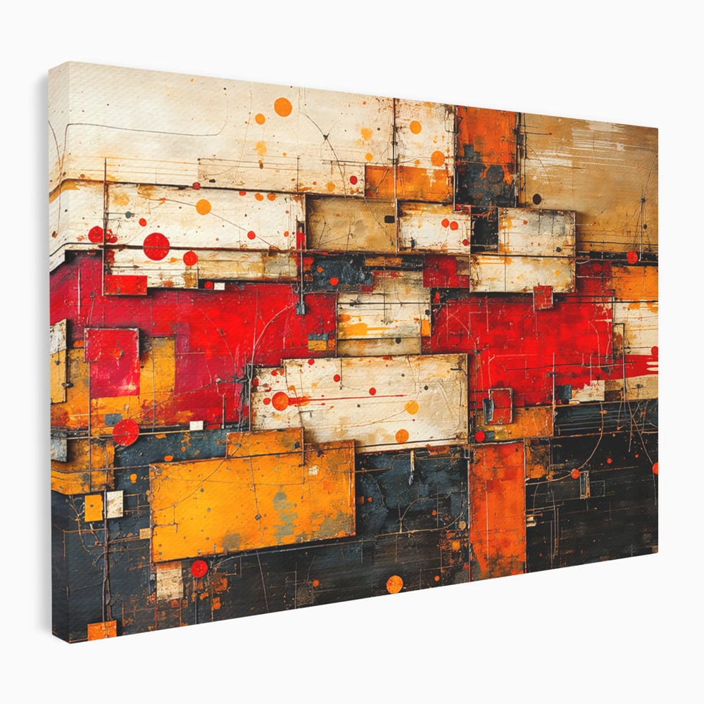 Tablou Canvas Premium, LuxCanva® C1280, Straturi de foc si tacere, Geometrie, Culori, Abstract, Rosu, Ziduri, Foc, Contrast, Urban, Inflacarat, Zgomot, Materie, Arhitectura, Birou, Living, Dormitor