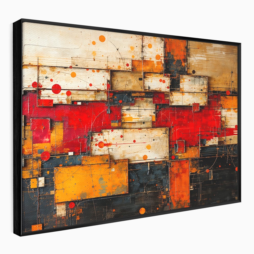 Tablou Canvas Premium, LuxCanva® C1280, Straturi de foc si tacere, Geometrie, Culori, Abstract, Rosu, Ziduri, Foc, Contrast, Urban, Inflacarat, Zgomot, Materie, Arhitectura, Birou, Living, Dormitor