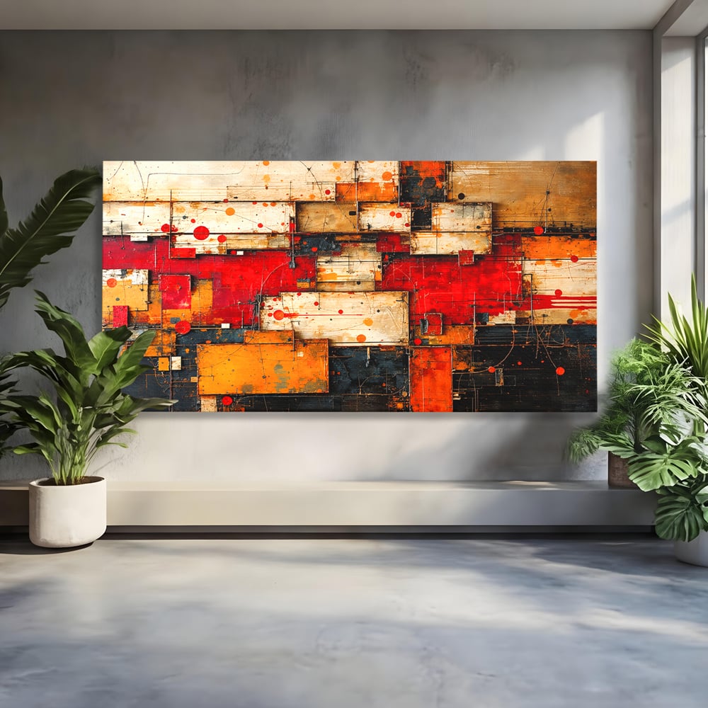 Tablou Canvas Premium, LuxCanva® C1280, Straturi de foc si tacere, Geometrie, Culori, Abstract, Rosu, Ziduri, Foc, Contrast, Urban, Inflacarat, Zgomot, Materie, Arhitectura, Birou, Living, Dormitor