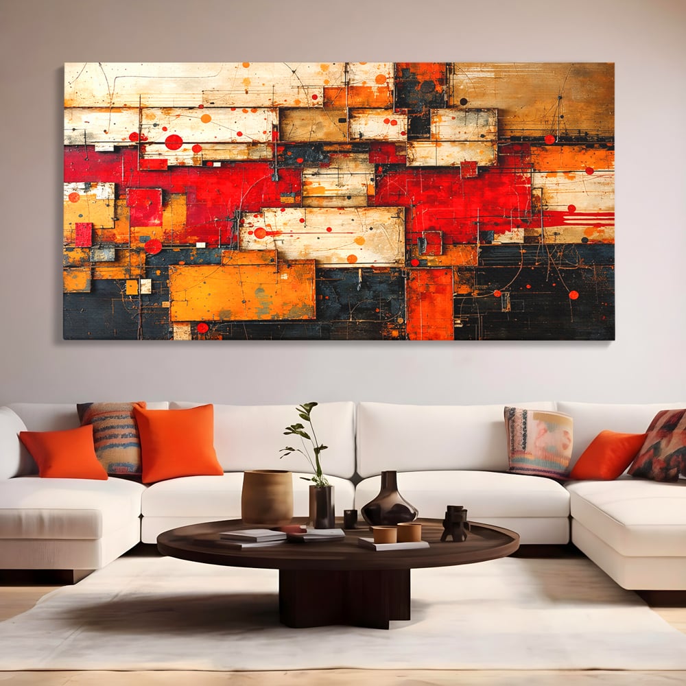Tablou Canvas Premium, LuxCanva® C1280, Straturi de foc si tacere, Geometrie, Culori, Abstract, Rosu, Ziduri, Foc, Contrast, Urban, Inflacarat, Zgomot, Materie, Arhitectura, Birou, Living, Dormitor