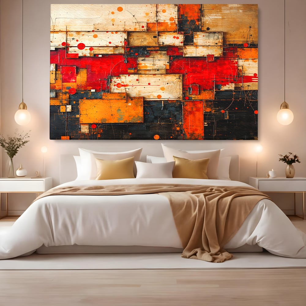 Tablou Canvas Premium, LuxCanva® C1280, Straturi de foc si tacere, Geometrie, Culori, Abstract, Rosu, Ziduri, Foc, Contrast, Urban, Inflacarat, Zgomot, Materie, Arhitectura, Birou, Living, Dormitor
