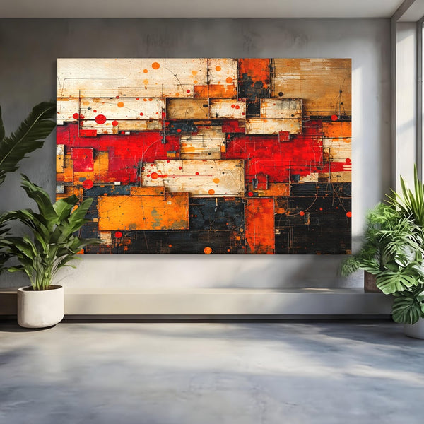 Tablou Canvas Premium, LuxCanva® C1280, Straturi de foc si tacere, Geometrie, Culori, Abstract, Rosu, Ziduri, Foc, Contrast, Urban, Inflacarat, Zgomot, Materie, Arhitectura, Birou, Living, Dormitor