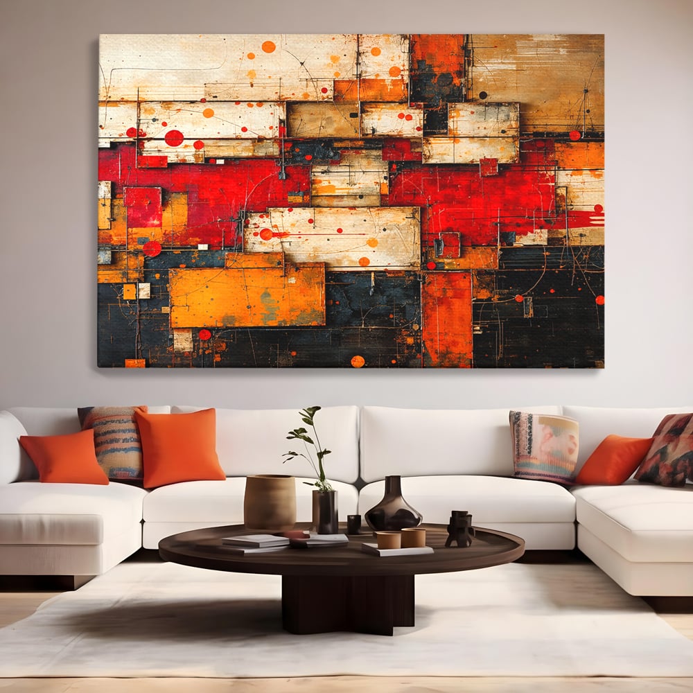 Tablou Canvas Premium, LuxCanva® C1280, Straturi de foc si tacere, Geometrie, Culori, Abstract, Rosu, Ziduri, Foc, Contrast, Urban, Inflacarat, Zgomot, Materie, Arhitectura, Birou, Living, Dormitor