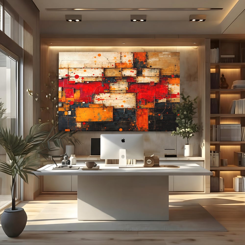 Tablou Canvas Premium, LuxCanva® C1280, Straturi de foc si tacere, Geometrie, Culori, Abstract, Rosu, Ziduri, Foc, Contrast, Urban, Inflacarat, Zgomot, Materie, Arhitectura, Birou, Living, Dormitor