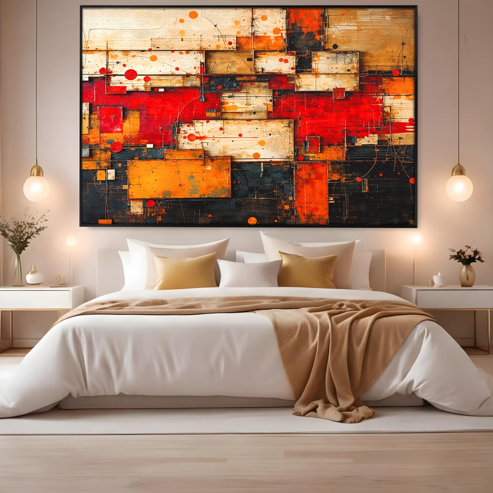 Tablou Canvas Premium, LuxCanva® C1280, Straturi de foc si tacere, Geometrie, Culori, Abstract, Rosu, Ziduri, Foc, Contrast, Urban, Inflacarat, Zgomot, Materie, Arhitectura, Birou, Living, Dormitor