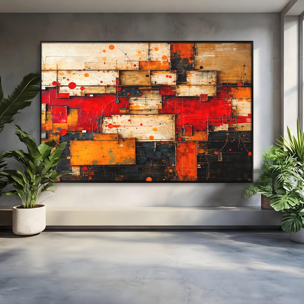 Tablou Canvas Premium, LuxCanva® C1280, Straturi de foc si tacere, Geometrie, Culori, Abstract, Rosu, Ziduri, Foc, Contrast, Urban, Inflacarat, Zgomot, Materie, Arhitectura, Birou, Living, Dormitor