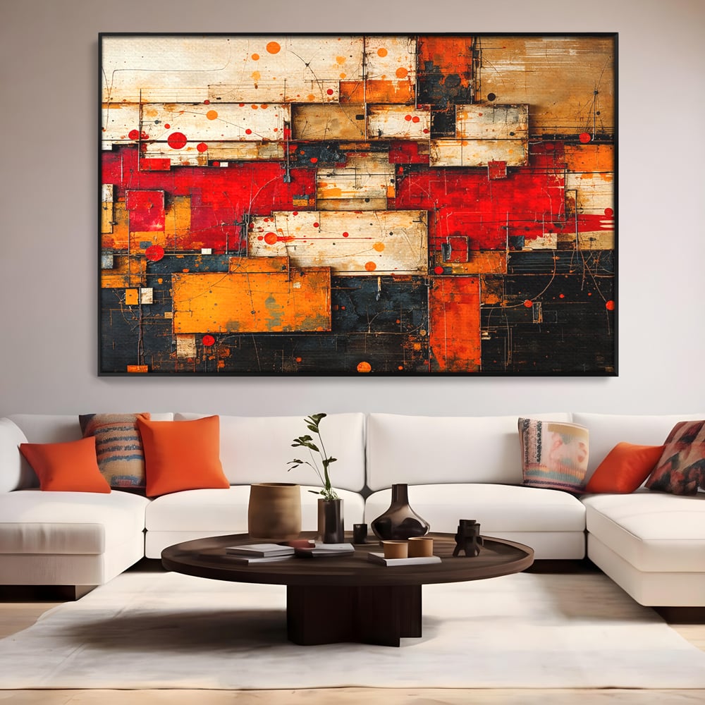 Tablou Canvas Premium, LuxCanva® C1280, Straturi de foc si tacere, Geometrie, Culori, Abstract, Rosu, Ziduri, Foc, Contrast, Urban, Inflacarat, Zgomot, Materie, Arhitectura, Birou, Living, Dormitor