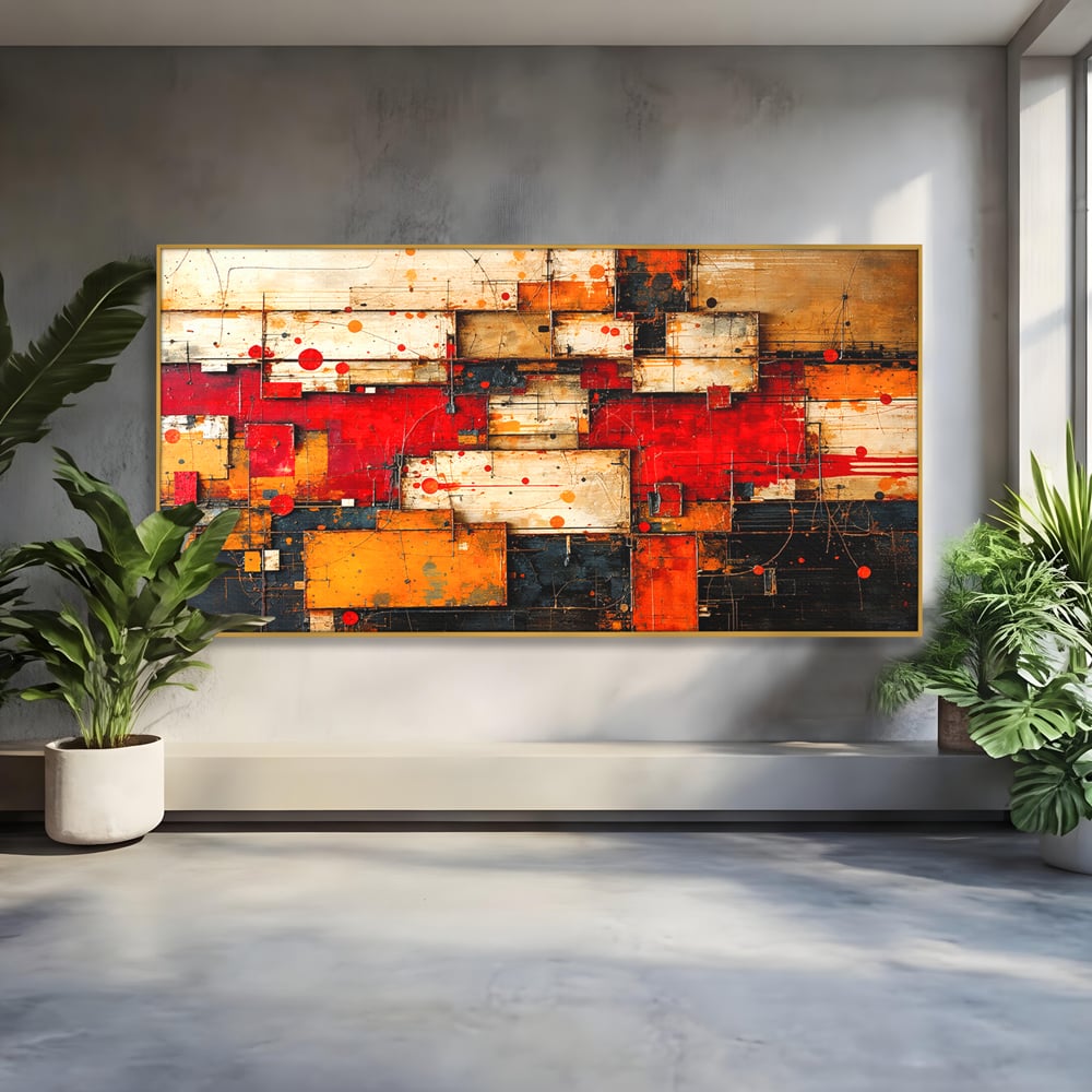 Tablou Canvas Premium, LuxCanva® C1280, Straturi de foc si tacere, Geometrie, Culori, Abstract, Rosu, Ziduri, Foc, Contrast, Urban, Inflacarat, Zgomot, Materie, Arhitectura, Birou, Living, Dormitor