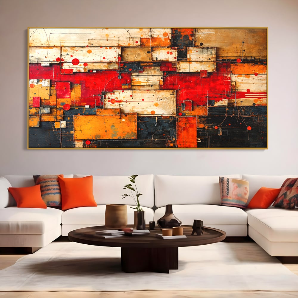 Tablou Canvas Premium, LuxCanva® C1280, Straturi de foc si tacere, Geometrie, Culori, Abstract, Rosu, Ziduri, Foc, Contrast, Urban, Inflacarat, Zgomot, Materie, Arhitectura, Birou, Living, Dormitor