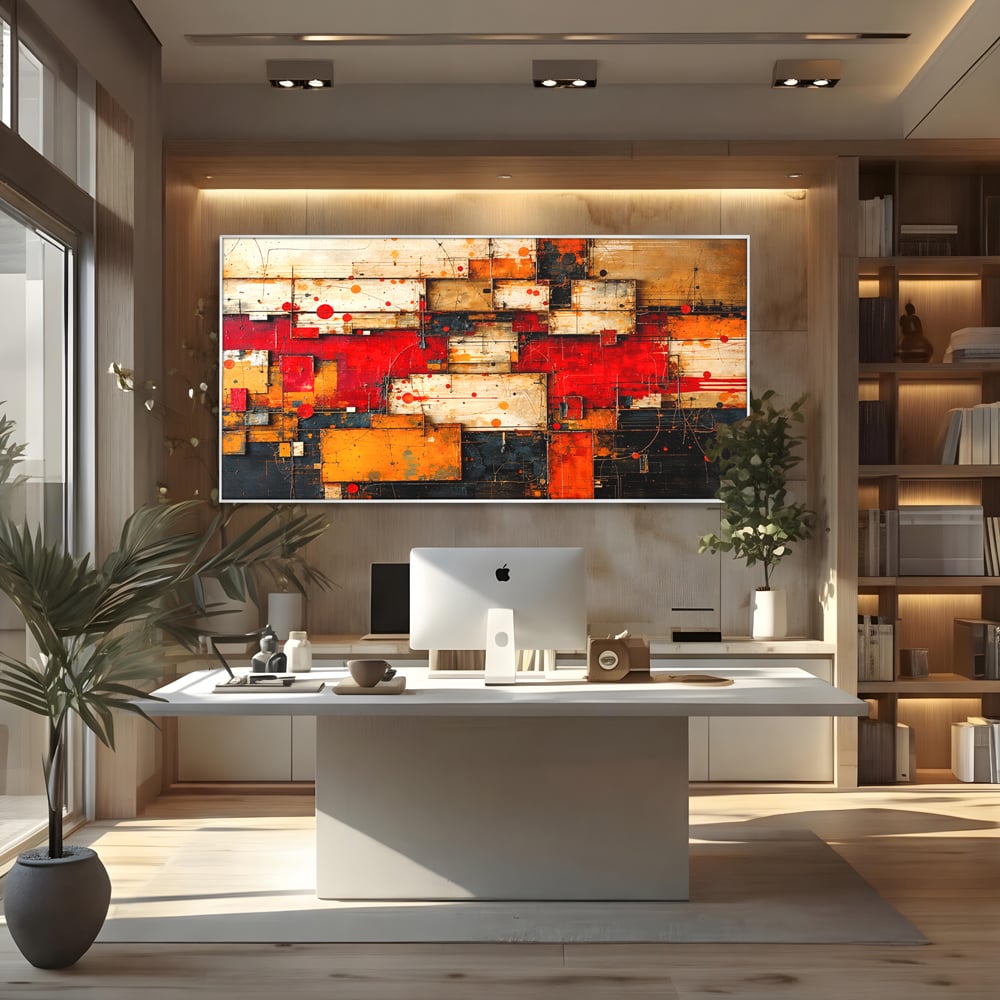 Tablou Canvas Premium, LuxCanva® C1280, Straturi de foc si tacere, Geometrie, Culori, Abstract, Rosu, Ziduri, Foc, Contrast, Urban, Inflacarat, Zgomot, Materie, Arhitectura, Birou, Living, Dormitor