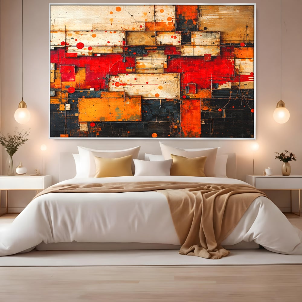 Tablou Canvas Premium, LuxCanva® C1280, Straturi de foc si tacere, Geometrie, Culori, Abstract, Rosu, Ziduri, Foc, Contrast, Urban, Inflacarat, Zgomot, Materie, Arhitectura, Birou, Living, Dormitor