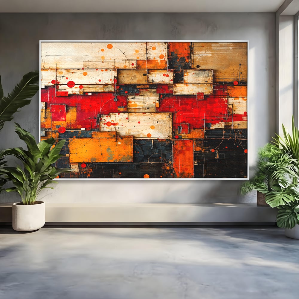 Tablou Canvas Premium, LuxCanva® C1280, Straturi de foc si tacere, Geometrie, Culori, Abstract, Rosu, Ziduri, Foc, Contrast, Urban, Inflacarat, Zgomot, Materie, Arhitectura, Birou, Living, Dormitor