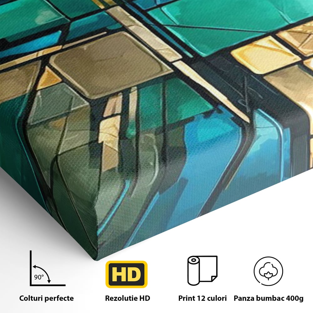 Canvas Wall Art Premium, LuxCanva® C1282, Zwischen Licht und Tiefe, Geometrie, Farben, Abstrakt, Abstrakt, Kartographie, Blau, Ozean, Smaragd, Grün, Raum, Gebäude, Ausstellung, Büro, Wohnzimmer, Schlafzimmer